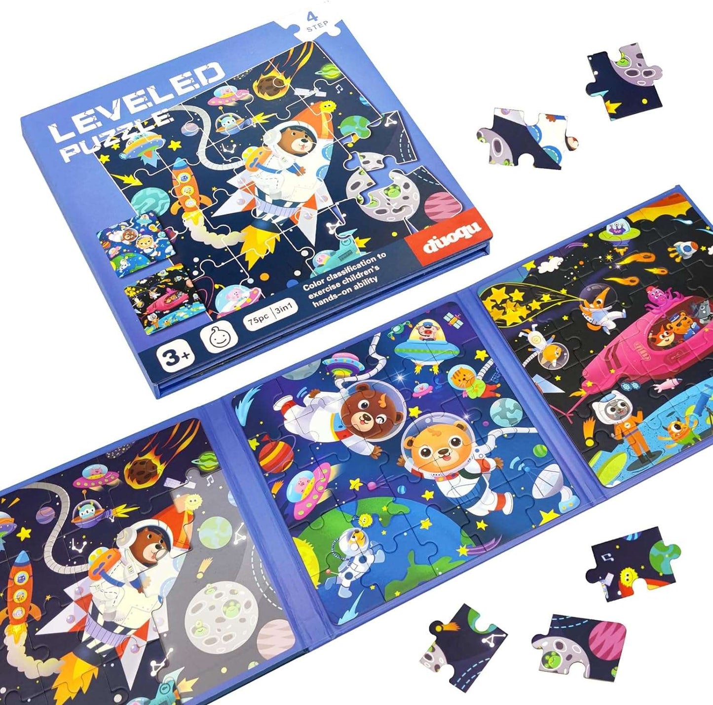 Colorful NIYO TOYS leveled puzzle book featuring astronaut themes, ideal for ages 3 and up, promotes fun learning.