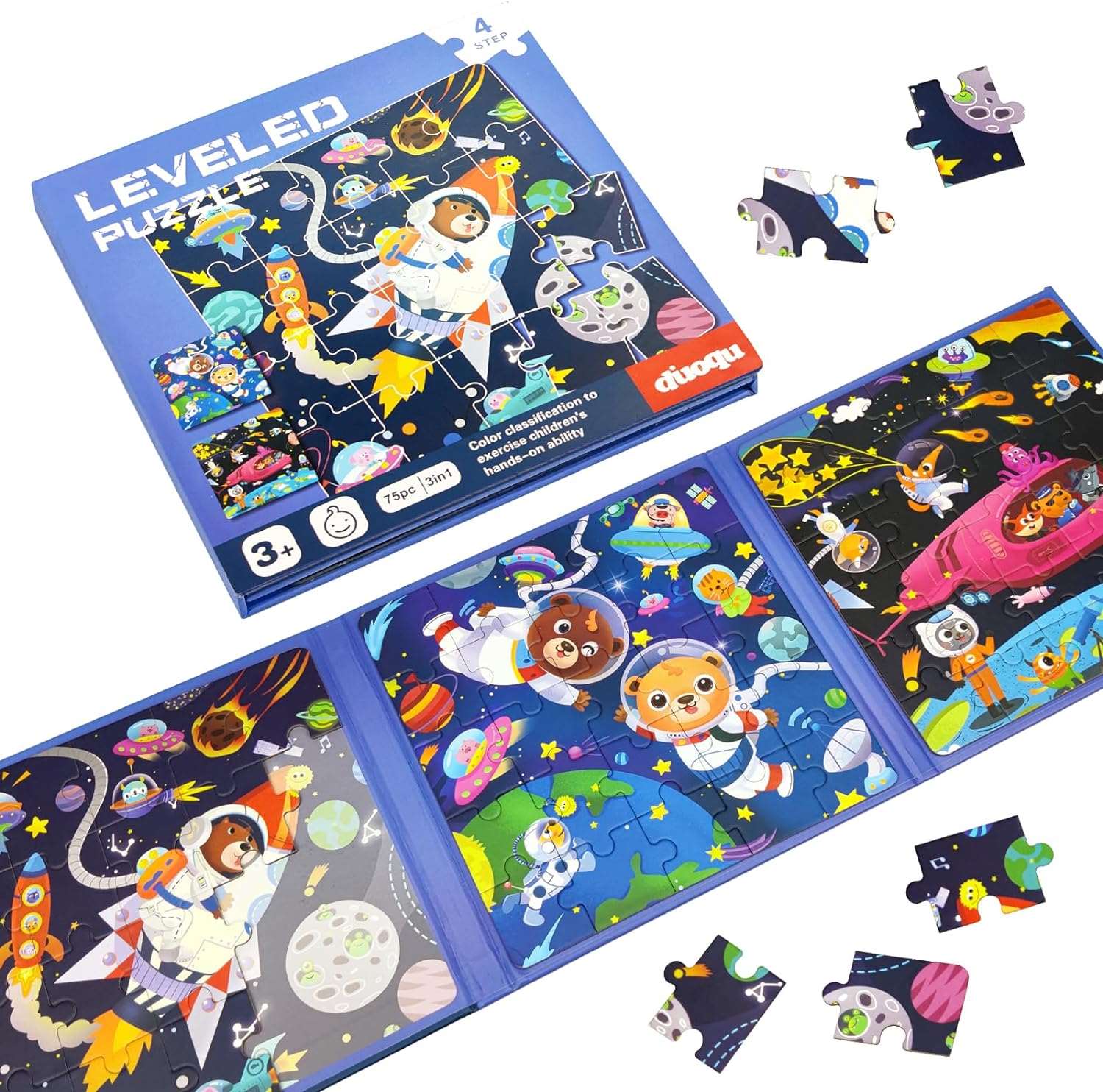 Colorful NIYO TOYS leveled puzzle book featuring astronaut themes, ideal for ages 3 and up, promotes fun learning.