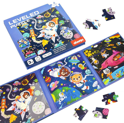 Colorful NIYO TOYS leveled puzzle book featuring astronaut themes, ideal for ages 3 and up, promotes fun learning.