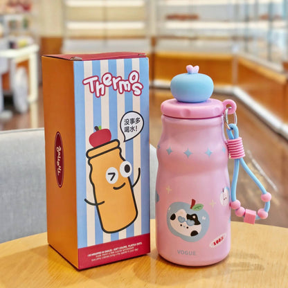 NIYO TOYS pink stainless steel drinks bottle with cartoon design, ideal for kids age 3 and up