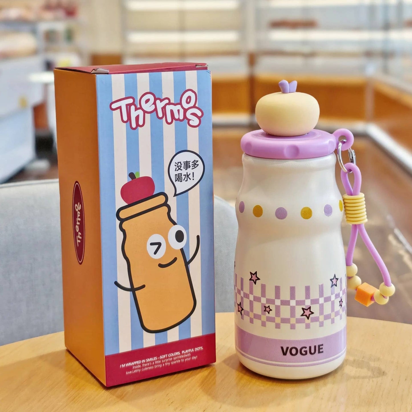 Vogue stainless steel drinks bottle in cream and purple, ideal for kids age 3+, perfect for outdoor use