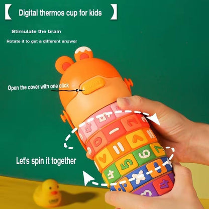 Colorful digital thermos cup for kids with educational letters, featuring a water bottle sipper top