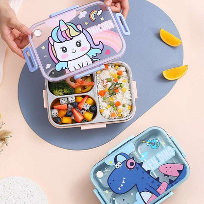 Colorful NIYO TOYS lunch box with unicorn and dinosaur design, age 3+, includes a water flask stainless steel