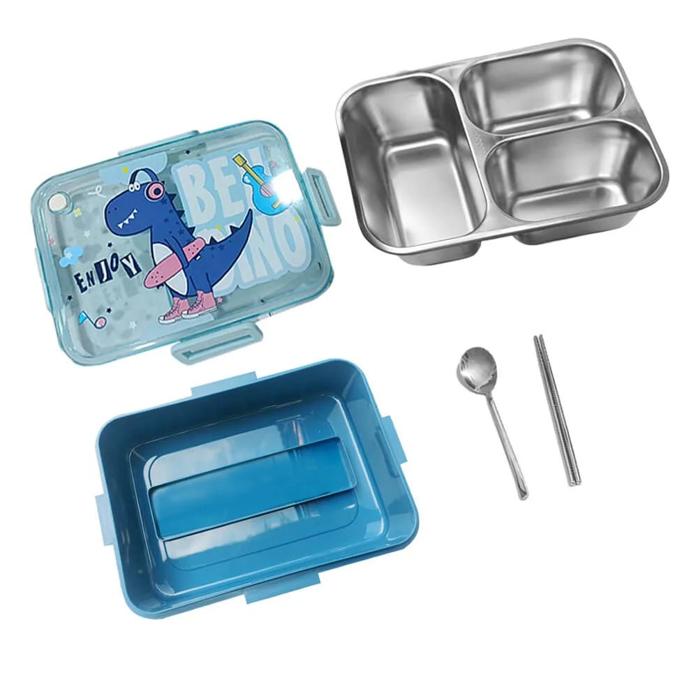 NIYO TOYS blue dinosaur-themed lunch box with stainless steel compartments, includes spoon and fork, age 3+.