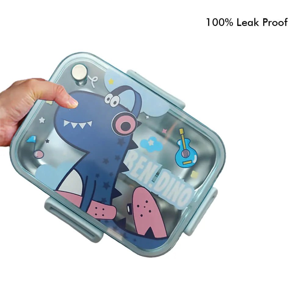NIYO TOYS blue dinosaur lunch box with leak-proof design, perfect for children age 3+, includes water flask stainless steel