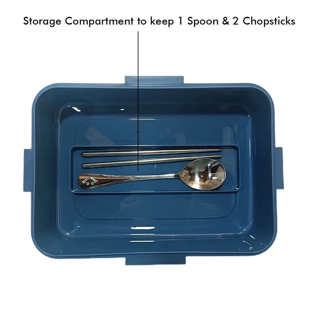 Blue lunch box with storage compartment for spoon and chopsticks, includes water flask stainless steel