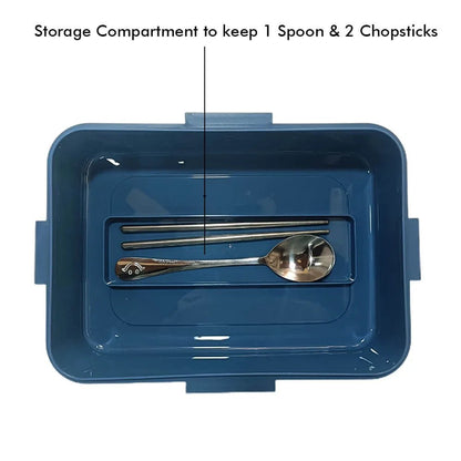 Blue lunch box with storage compartment for spoon and chopsticks, includes water flask stainless steel