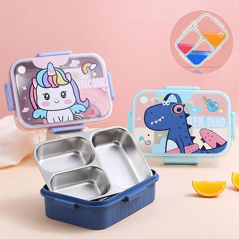 NIYO TOYS colorful lunch boxes featuring unicorn and dinosaur designs, ideal for kids, includes a water flask stainless steel