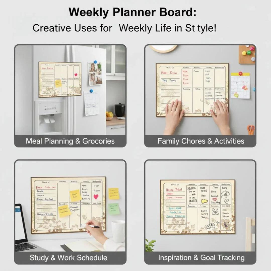 NIYO TOYS Weekly Planner Board with creative uses for meal planning, chores, and study goals.
