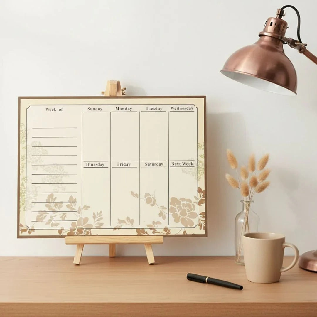Weekly planner board with floral design, beige color, for organizing tasks and schedules