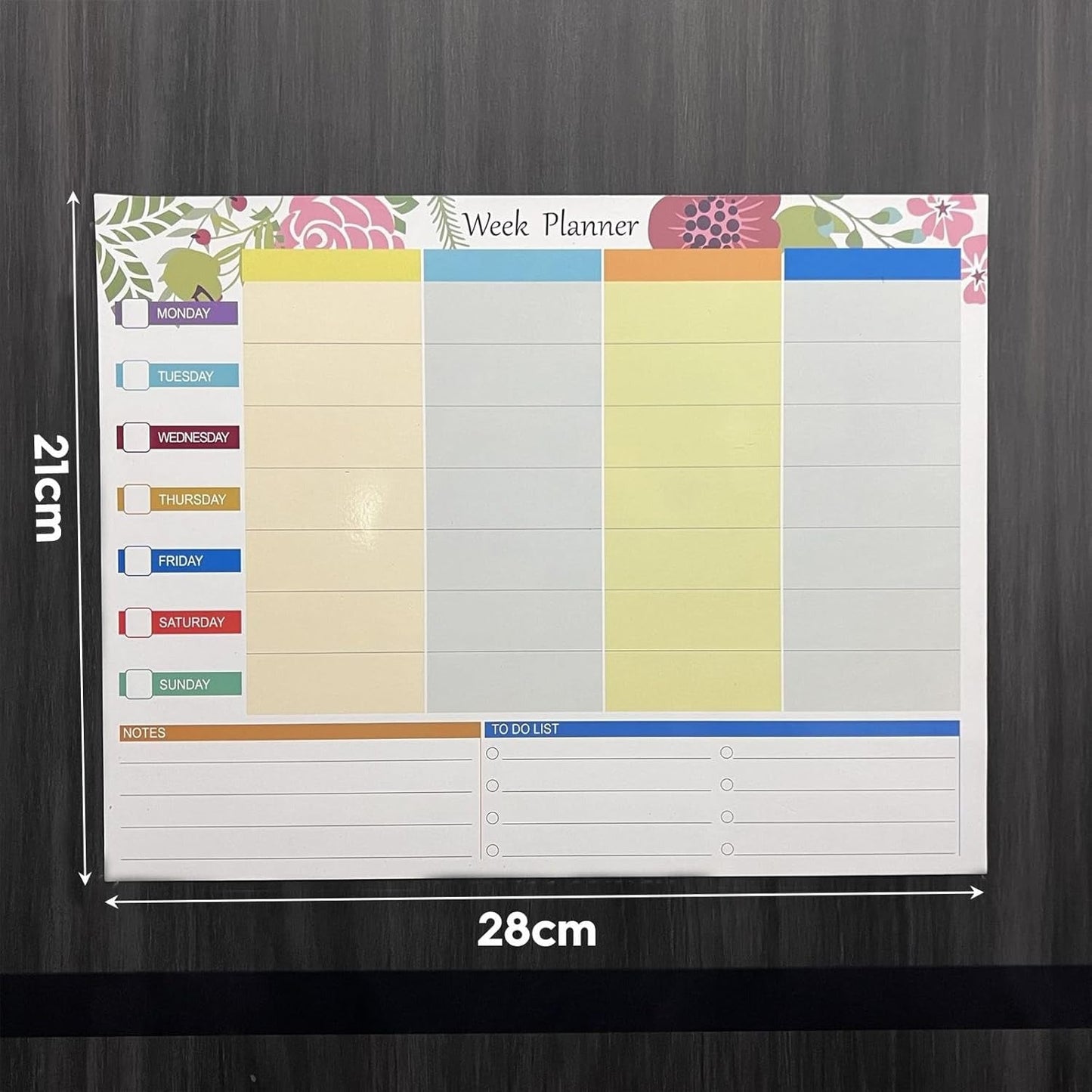 Colorful weekly planner for organizing tasks, measures 28cm by 21cm, ideal for students and professionals
