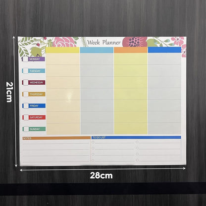 Colorful weekly planner for organizing tasks, measures 28cm by 21cm, ideal for students and professionals