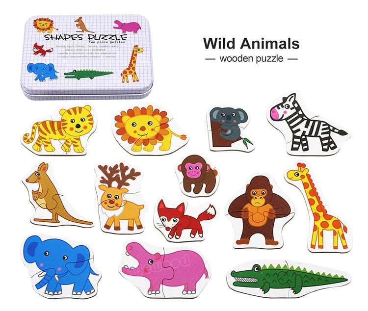 Wooden animal shapes puzzle for infants, featuring colorful wild animals, toy for infant, age 1+