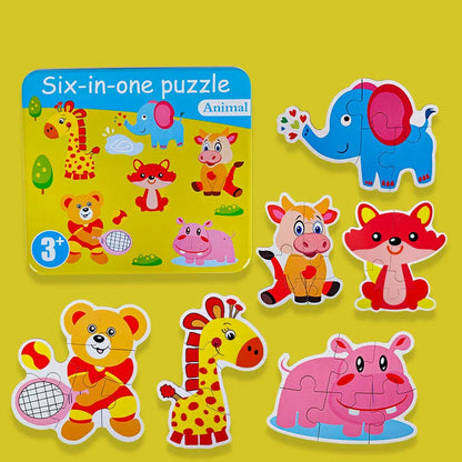 NIYO TOYS Six-in-One Animal Wooden Jigsaw Puzzles for Kids featuring colorful animal pieces