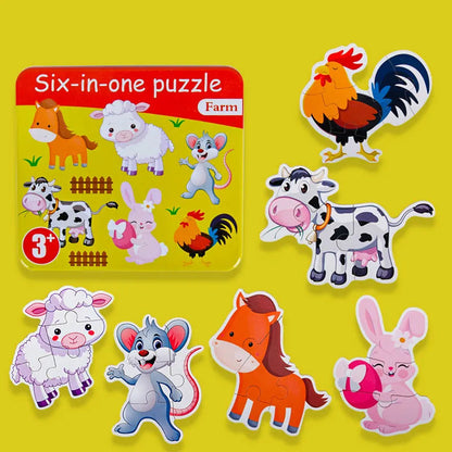 NIYO TOYS Six-in-One Farm Puzzle with Colorful Wooden Jigsaw Puzzles for Kids