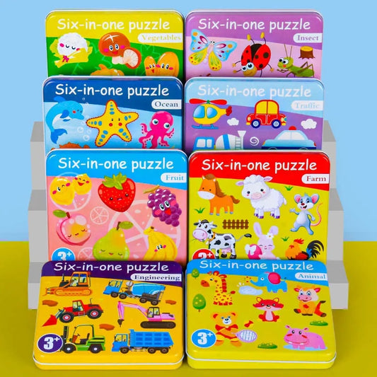 Colorful NIYO TOYS six-in-one wooden jigsaw puzzles for kids featuring various themes and characters