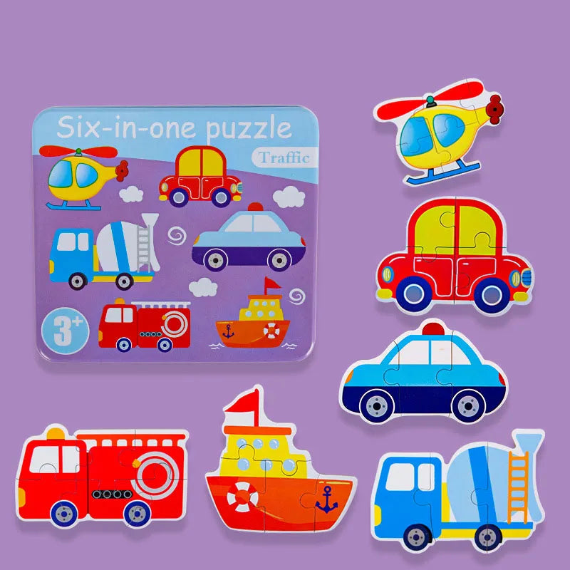 Colorful NIYO TOYS wooden jigsaw puzzles for kids featuring traffic-themed vehicles