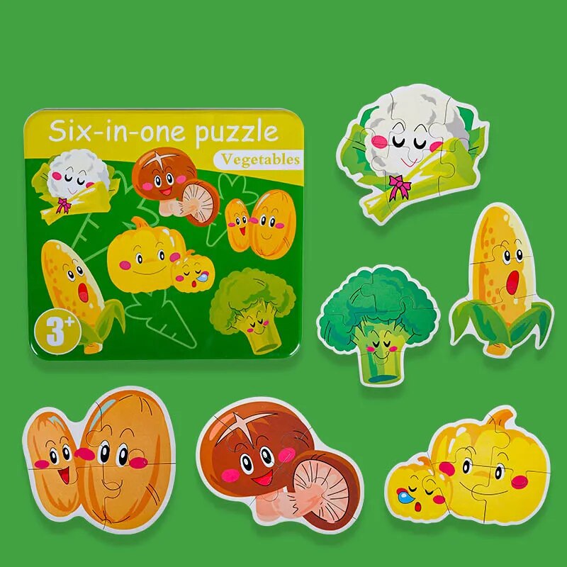 NIYO TOYS Six-in-One Wooden Jigsaw Puzzles for Kids featuring colorful vegetable characters