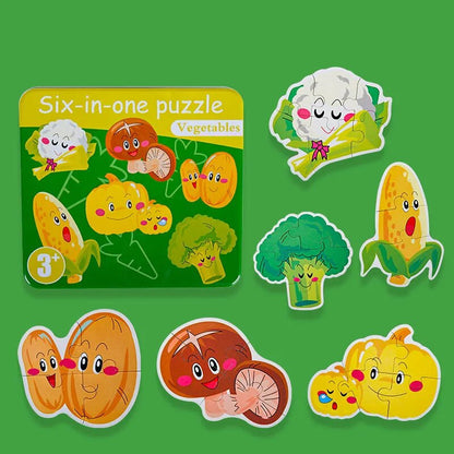 NIYO TOYS Six-in-One Wooden Jigsaw Puzzles for Kids featuring colorful vegetable characters