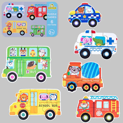 Assorted colorful wooden jigsaw puzzles for kids featuring vehicles like buses and emergency services