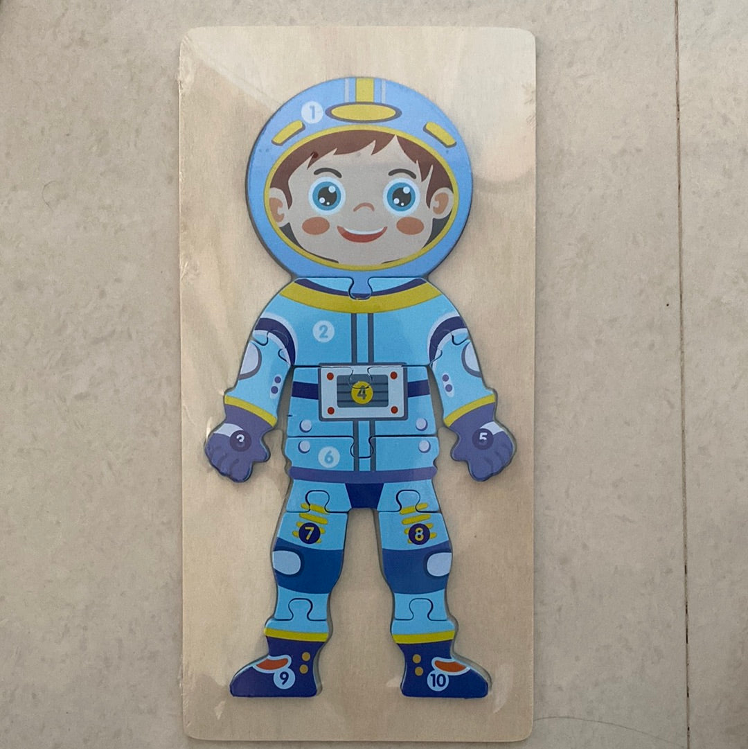 NIYO TOYS blue astronaut wooden puzzle for kids age 3+ featuring numbered pieces for educational play