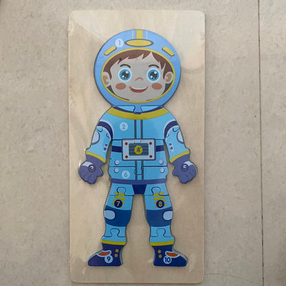 NIYO TOYS blue astronaut wooden puzzle for kids age 3+ featuring numbered pieces for educational play