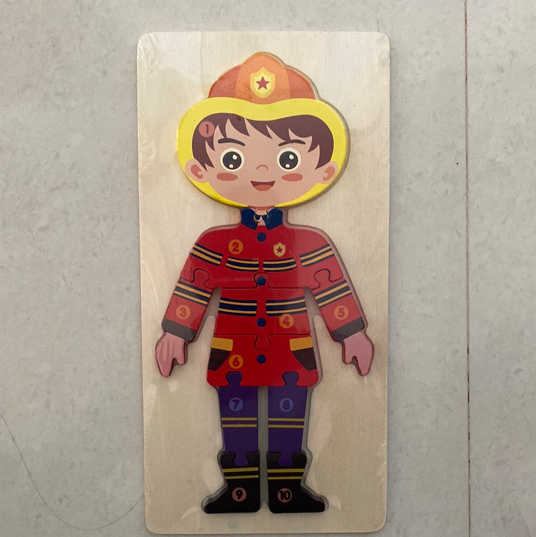 Colorful wooden puzzles puzzle featuring a firefighter character for children aged 3 and up