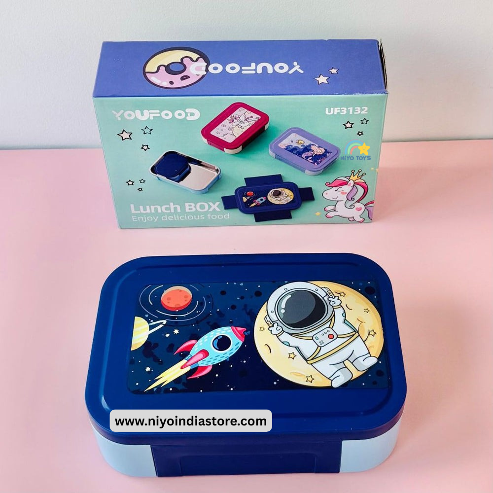 NIYO TOYS kids travel snack container lunch box with astronaut and rocket design