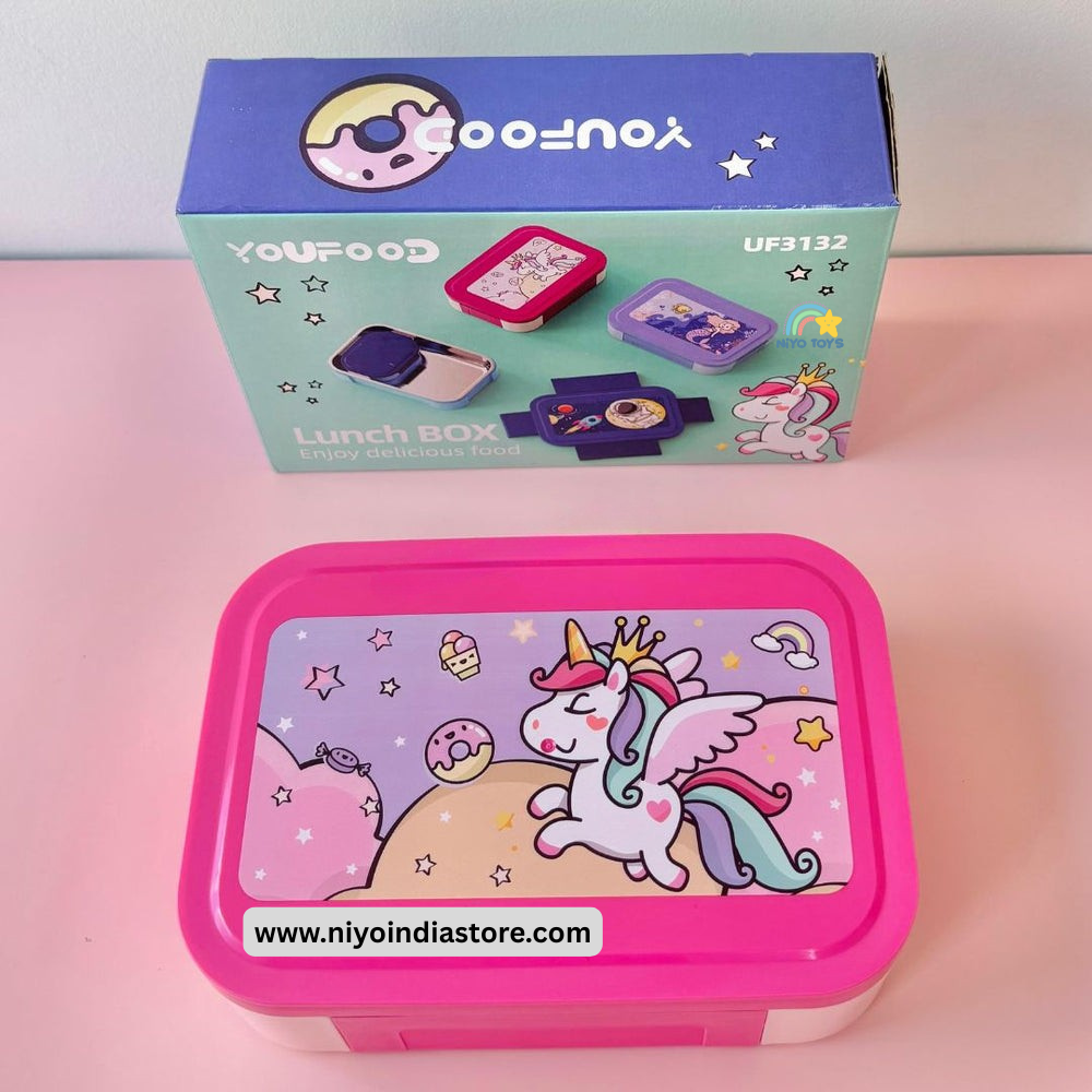 NIYO TOYS kids travel snack container lunch box with colorful unicorn design for fun meals