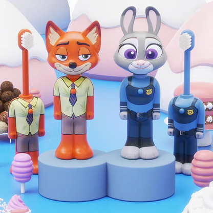 Zootopia toothbrush set featuring Nick Wilde and Judy Hopps, designed for kids age 3+, makes brushing fun